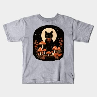 Black Cat with Mushrooms Kids T-Shirt